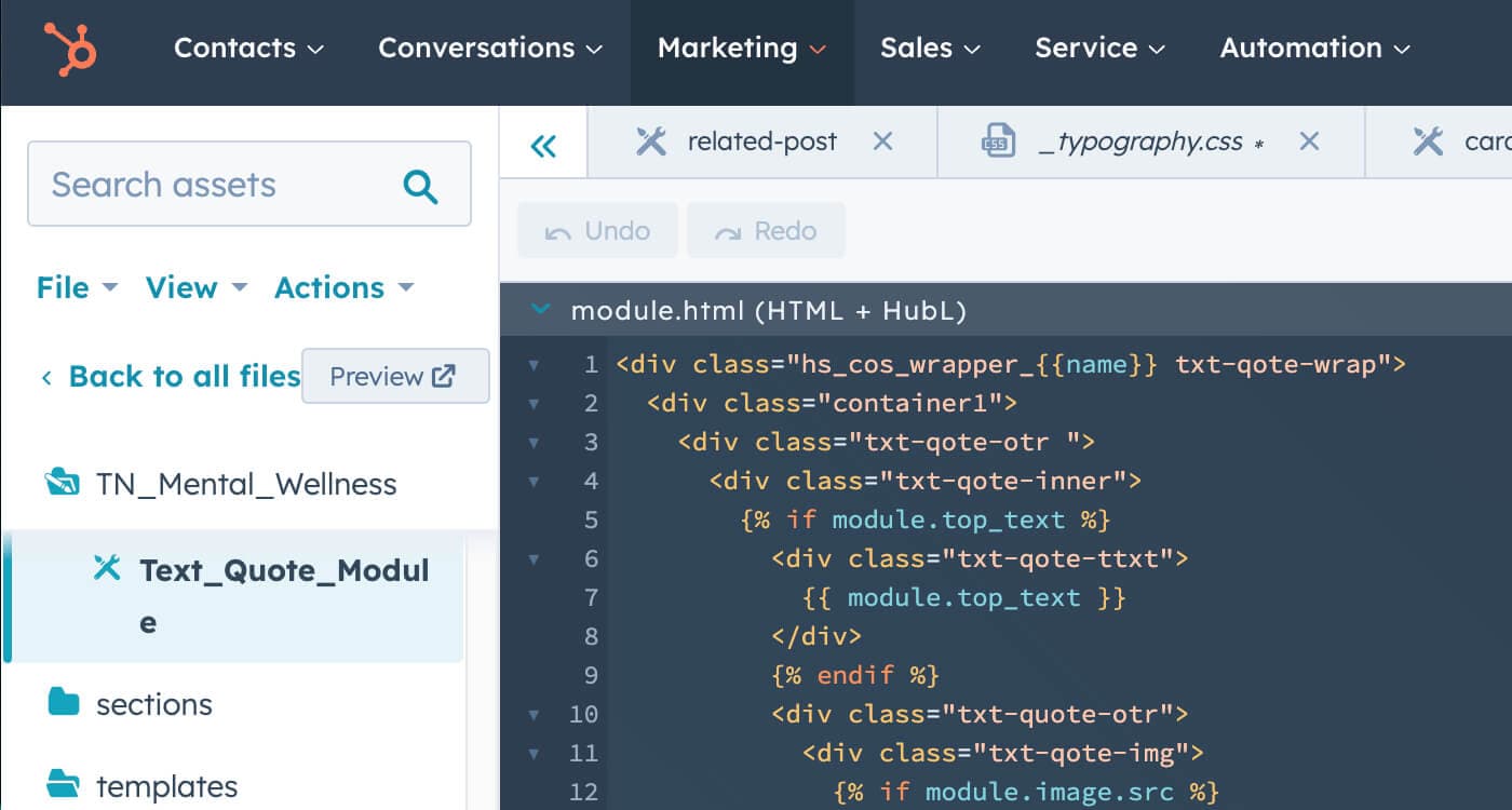 HubSpot code module detail custom coding using HUBL